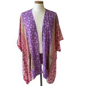 Susan Graver Patchwork Kimono Beach Cover Up Top Women M Pink Purple Open Front
